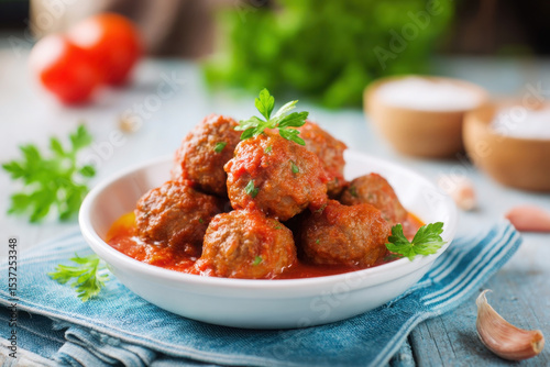 Savory Italian meatballs in rich tomato sauce served on a white plate with fresh herbs