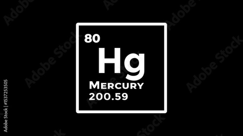 Mercury, chemical element of the periodic table graphic animation. Alpha channel. Transparent background motion design. 4K resolution