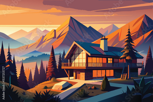 A serene mountain landscape at sunrise or sunset, featuring a sky ablaze with color, often dusted with snow, or shrouded in morning mist over forests and lakes