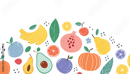 Hand drawn colorful fruits and berries. Trendy abstract minimal style. Natural tropical fruits. Fig, cherry, apple, peach, lemon, banana, avocado, pomegranate, pineapple, melon. Vector.colourful, 