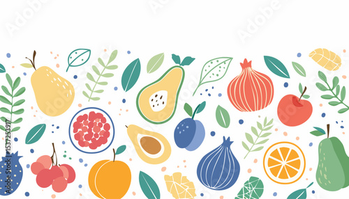 Hand drawn colorful fruits and berries. Trendy abstract minimal style. Natural tropical fruits. Fig, cherry, apple, peach, lemon, banana, avocado, pomegranate, pineapple, melon. Vector.colourful, 