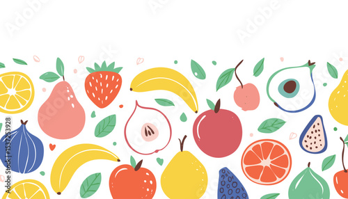 Hand drawn colorful fruits and berries. Trendy abstract minimal style. Natural tropical fruits. Fig, cherry, apple, peach, lemon, banana, avocado, pomegranate, pineapple, melon. Vector.colourful, 