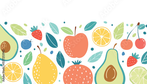 Hand drawn colorful fruits and berries. Trendy abstract minimal style. Natural tropical fruits. Fig, cherry, apple, peach, lemon, banana, avocado, pomegranate, pineapple, melon. Vector.colourful, 
