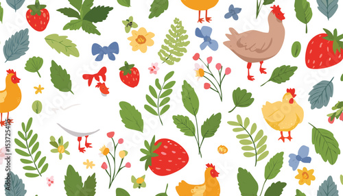 Cute vector seamless pattern with hand drawn flowers, bows, goose, chicken, leaves and herbs, strawberry. Cottagecore style. Spring and summer cozy background.doodle, graphic, meadow, print, tile, 