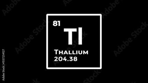 Thallium, chemical element of the periodic table graphic animation. Alpha channel. Transparent background motion design. 4K resolution