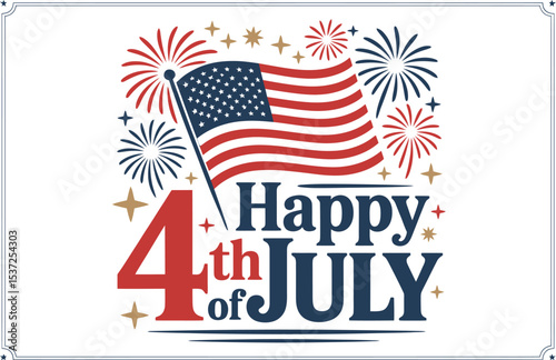 Fourth of july graphic with american flag fireworks and happy july text on a cream background