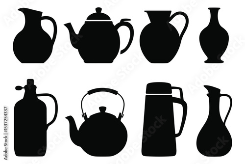 Solid style icons set of pouring vessels including pitcher, teapot, creamer, carafe, milk jug, water dispenser, oil pourer, and thermos for kitchen and beverage themes

