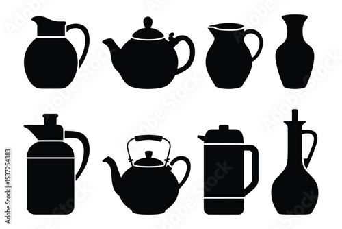 Flat solid style icons for pouring vessels like pitcher, teapot, creamer, carafe, milk jug, water dispenser, oil pourer, and thermos suitable for cooking and serving concepts

