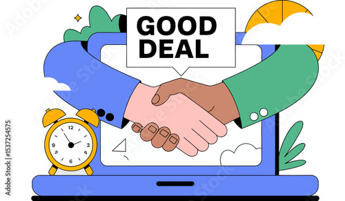 Find online deals business partnership handshake concept vector illustration agreement meeting deal done editable stock vector illustration