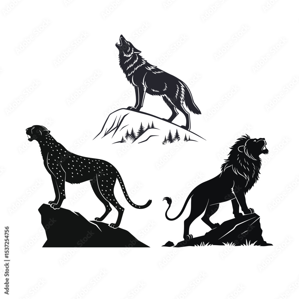 Obraz premium Dynamic Wildlife Silhouettes: Howling Wolf, Alert Cheetah, and Roaring Lion