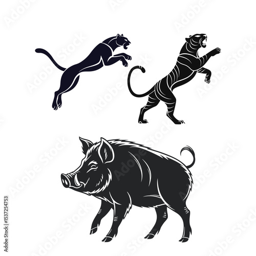  Dynamic Wildlife Silhouettes: Leaping Panther, Rearing Tiger, and Wild Boar