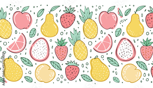 colorful fruits and berries. Abstract funny doodle style. Natural tropical fruits. Lemon, cherry, apple, peach, banana, strawberry, pineapple, fig, dragon fruit. Vector.fruit, doodle, abstract, 