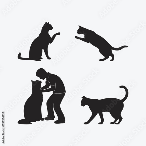 Dynamic Cat Silhouettes: Playful Feline & Human Interaction Vector Set