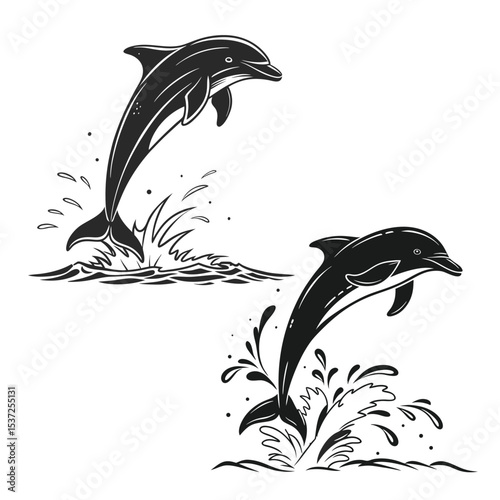 Dynamic Dolphin Silhouettes: Leaping & Splashing Marine Life Vector Art