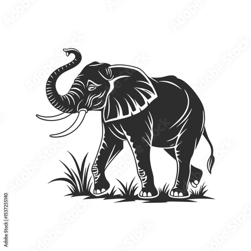 Majestic Elephant Illustration: Graceful Walking African Elephant with Raised Trunk