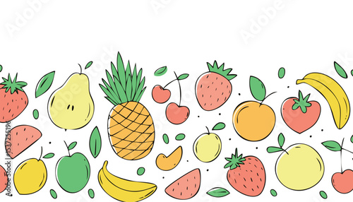 colorful fruits and berries. Abstract funny doodle style. Natural tropical fruits. Lemon, cherry, apple, peach, banana, strawberry, pineapple, fig, dragon fruit. Vector.fruit, doodle, abstract, 