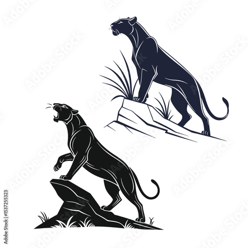 Majestic Panther Silhouettes: Roaring and Alert Big Cats Vector Art