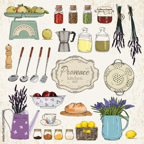 Vintage-style service with dishes, spice jars, a colander, a decorative watering can with lavender and scales on a light background with texture.