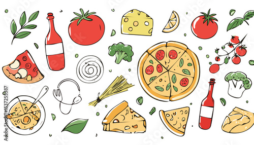 Hand drawn breakfast illustrations. Coffee cup, fried egg, croissant, milk, cereal, bacons, jam, citrus juice, avocado, tomato, pancake. Healthy tasty food and drinks. Vector.doodle, graphic, menu,