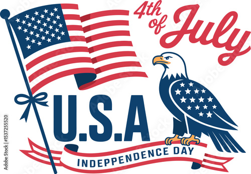 Illustration of american flag, eagle, and fourth of july text on a white background design