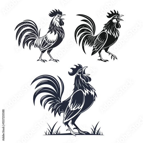 Dynamic Rooster Silhouettes: Crowing & Strutting Farm Animal Vector Set