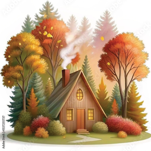 Cozy wooden house surrounded by colorful autumn trees and foliage  