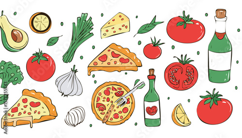 Hand drawn breakfast illustrations. Coffee cup, fried egg, croissant, milk, cereal, bacons, jam, citrus juice, avocado, tomato, pancake. Healthy tasty food and drinks. Vector.doodle, graphic, menu,