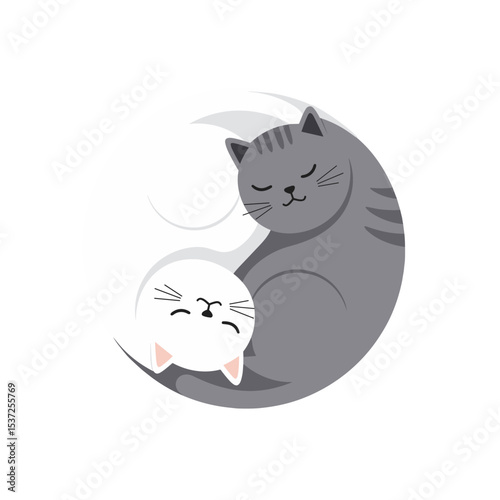 Flat vector of two cats cuddling together in a yin-yang position