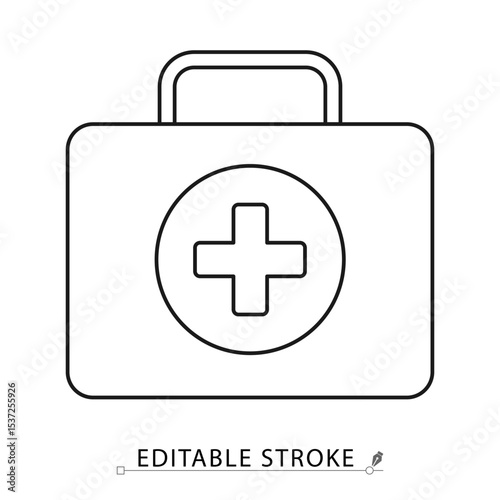 First aid kit icon in minimal line style with editable stroke. Medical box, emergency health symbol, healthcare element for safety visuals, treatment support, clinic interface and rescue design.