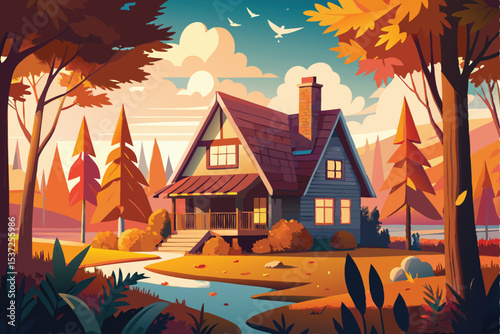 Cozy cottage or castle in an autumn forest landscape with a moonlit sky, a charming illustration for your next drawing