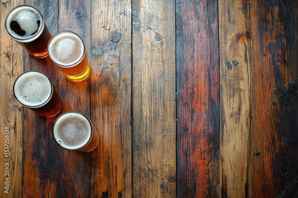 Fototapeta premium Top down view of four craft beer glasses with foam on aged multicolor wooden table, great for brewery ads, pub branding, tasting events, or seasonal beverage campaigns