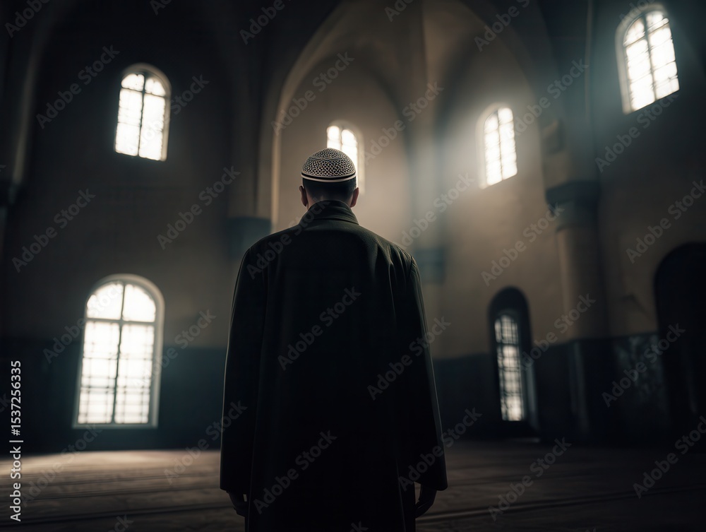 Naklejka premium a muslim man seen from behind, wearing a long dark robe, standing inside a vast mosque