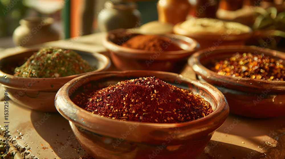 Assorted spices are displayed in rustic bowls on a wooden table creating a warm and earthy culinary scene Assorted spices are displayed in rustic bowls on a wooden table creating a warm and earthy culinary scene