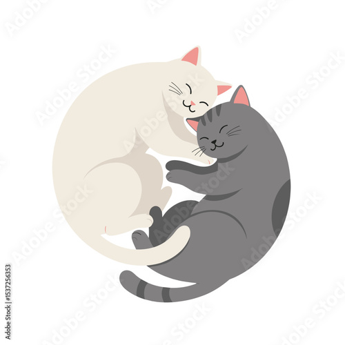 Flat vector of two cats cuddling together in a yin-yang position