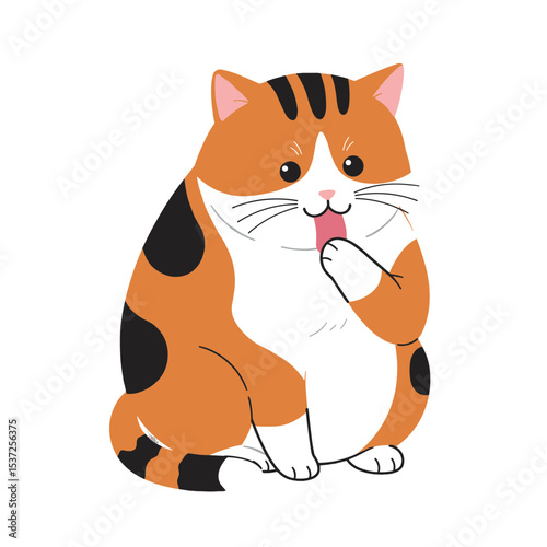 Flat illustration of a chubby calico cat sitting upright licking its paw