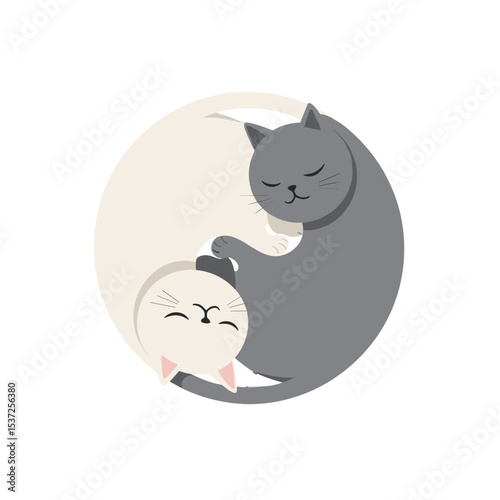 Flat vector of two cats cuddling together in a yin-yang position