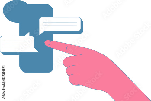 Mobile phone communication messaging and texting concept with hand touching screen illustration art editable stock vector illustration