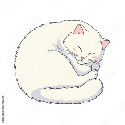 Flat vector of a fluffy white cat curled up sleeping peacefully