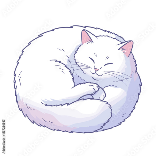 Flat vector of a fluffy white cat curled up sleeping peacefully