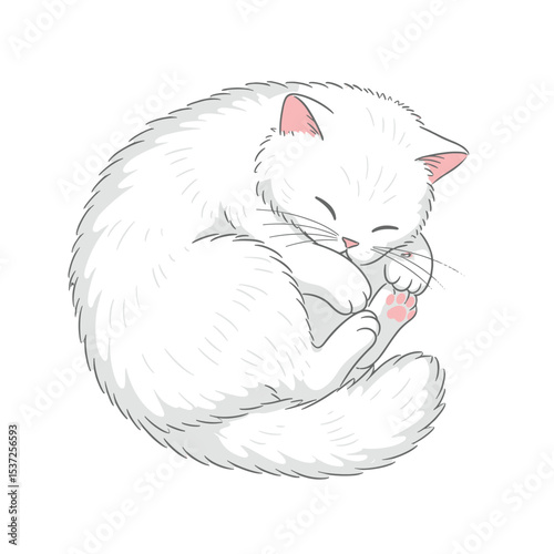 Flat vector of a fluffy white cat curled up sleeping peacefully