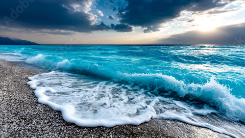 Foamy turquoise ocean wave rolling onto a pebbled beach under dramatic cloudy sky.