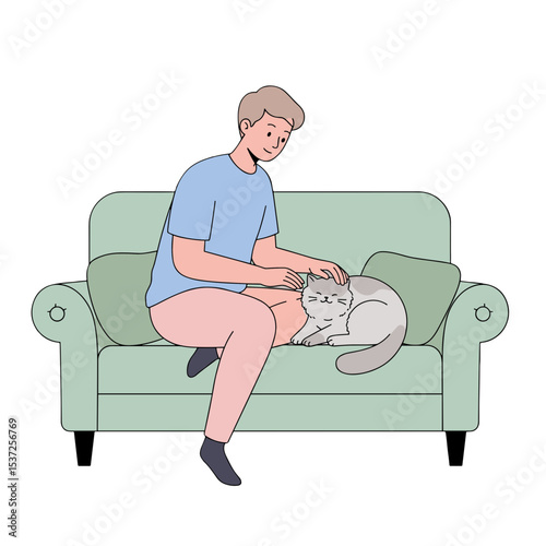 Flat illustration of a young adult gently petting a cat curled up beside them on the sofa