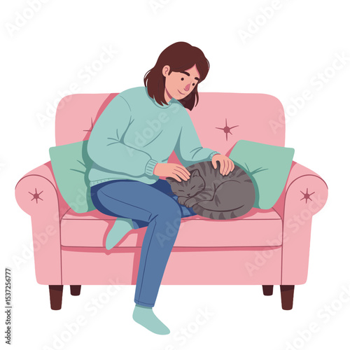 Flat illustration of a young adult gently petting a cat curled up beside them on the sofa