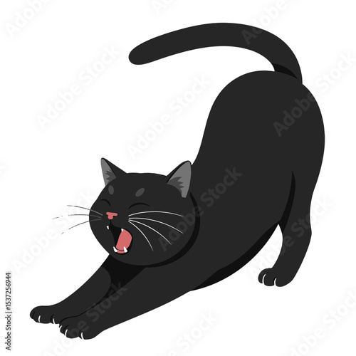 Flat design of a yawning cat stretching its front legs forward