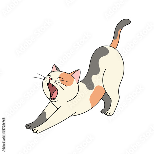 Flat design of a yawning cat stretching its front legs forward