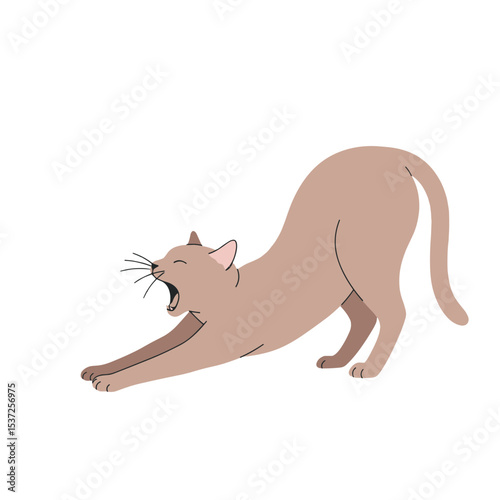 Flat design of a yawning cat stretching its front legs forward