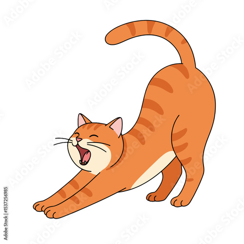 Flat design of a yawning cat stretching its front legs forward