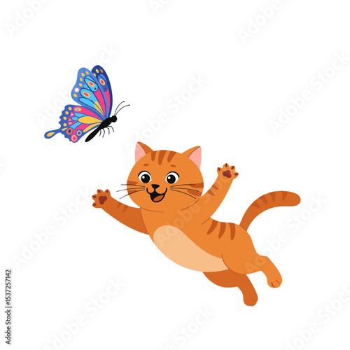Flat illustration of a kitten chasing a butterfly, leaping mid-air with excitemen