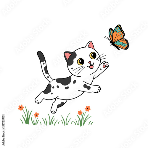 Flat illustration of a kitten chasing a butterfly, leaping mid-air with excitemen