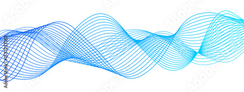 Abstract digital background with smooth, overlapping waveforms made of thin, translucent blue and cyan lines. Lines curve in fluid, harmonic motions with modern, minimalistic, and futuristic visual